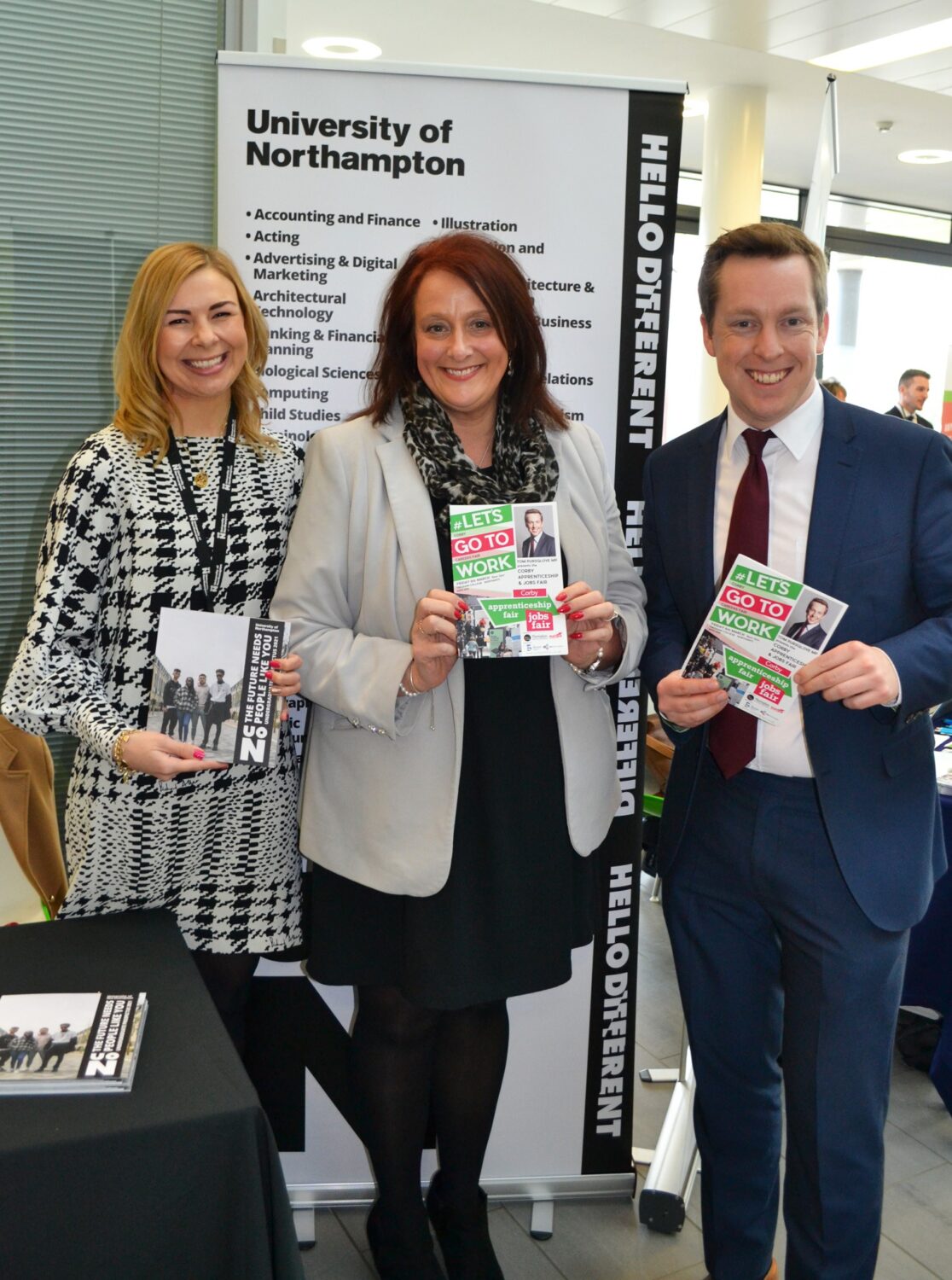 Corby MP with Karen Campbell and rep from Uni of Northampton at Careers Fair