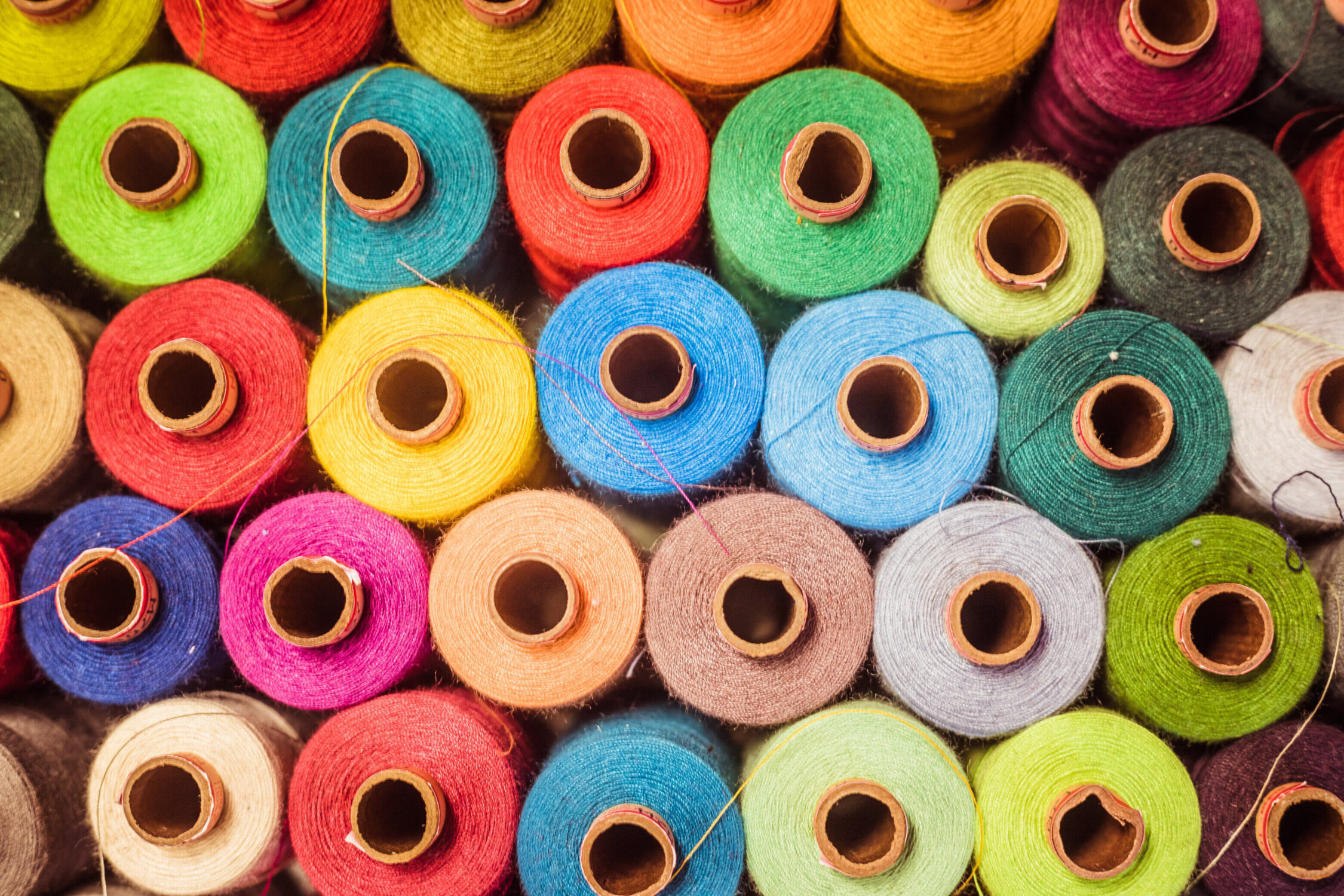 Threads in a tailor textile fabric: colorful cotton threads, bir